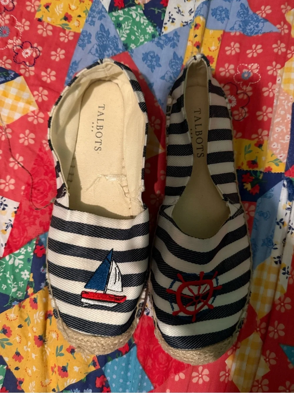 Talbots Navy and White Striped Espadrilles with Nautical Embroidery